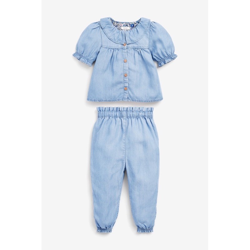 Set bò denim mỏng bé gái viền bèo 2-8Y (áo cộc, quần dài)