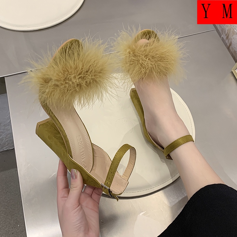 Giày Cao Gót Đính Lông Tua Rua Thời Trang Mùa Hè Dễ Phối Đồ Cho Nữ