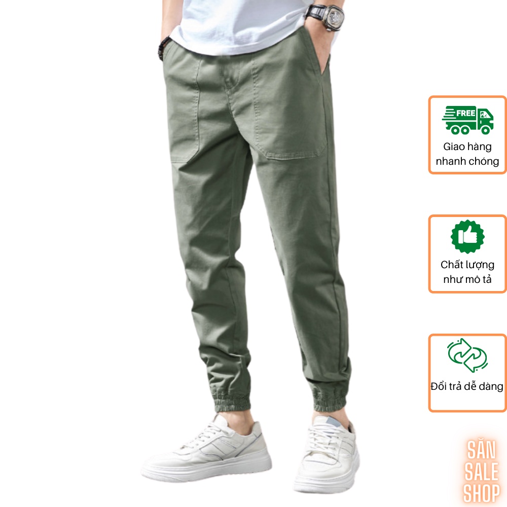 Quần Jogger nam HQ trơn túi rộng vải Cotton kaki đai mix thun cúc 3S x Man Store - Rêu
