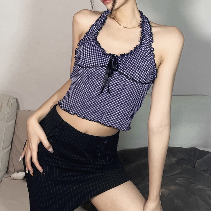 Áo Tank Top Hở Lưng Thắt Nơ Họa Tiết Sọc Caro Thời Trang Cho Nữ