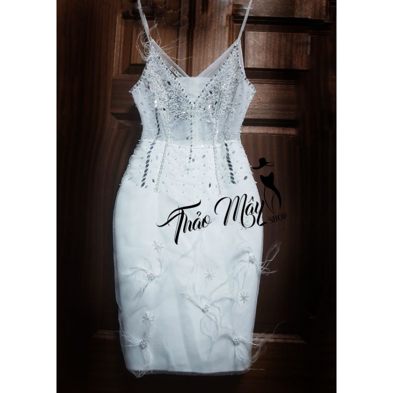 Đầm váy body 2 dây dự tiệc kết hạt thủ công đính lông vũ sang chảnh