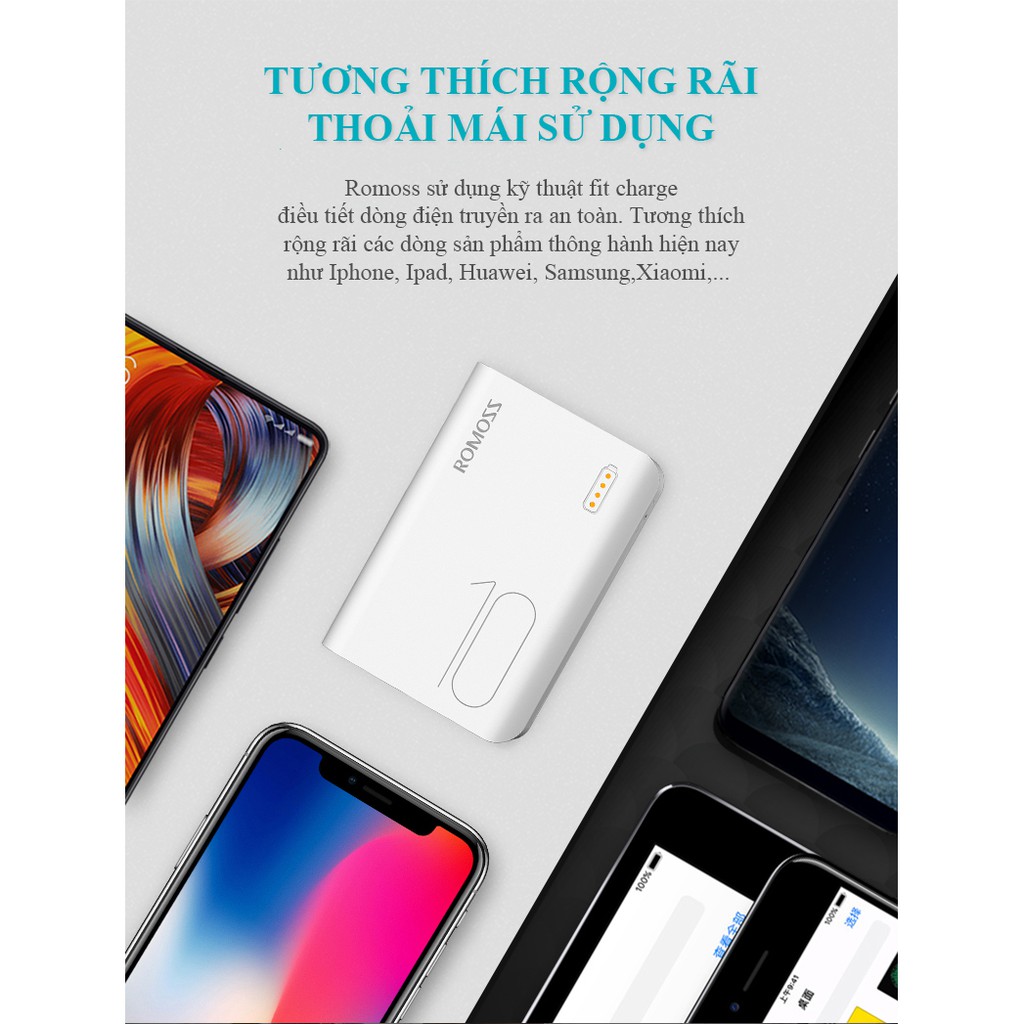 [BẢO HÀNH  1  ĐỔI 1] Pin sạc dự phòng Romoss sense 4 mini 10000mAh mỏng nhẹ gọn 2 cổng USB 3 cổng sạc vào