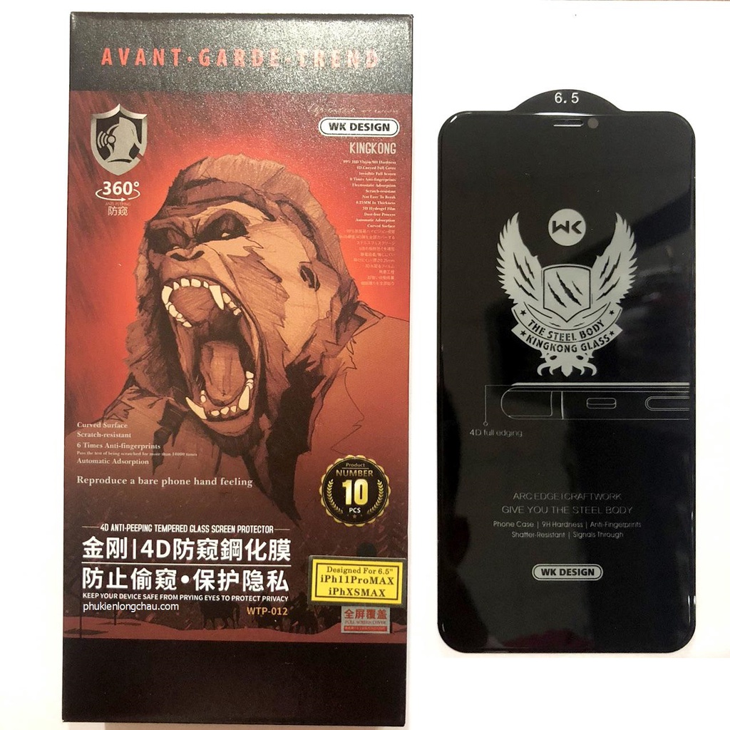 Miếng Dán Cường Lực iPhone Xs Max/11 Pro Max Chống Nhìn Trộm 4D Kingkong Không Hộp