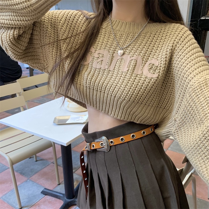 Áo Len Croptop Sweater Dệt Kim Tay Dài Dáng Rộng Thời Trang Mùa Thu Đông
