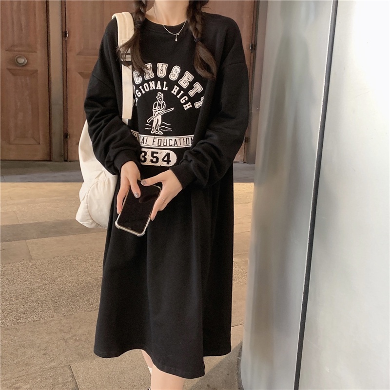 Đầm tay dài cổ tròn dáng rộng in họa tiết phong cách retro đáng yêu sành điệu