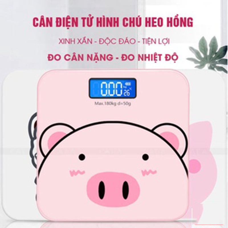 [Sale Sốc] Cân Sức Khỏe, Cân Điện Tử HeoHồng, Pin Tiểu, KínhCườngLực, Màn Hình Điện Tử Kèm Đo Nhiệt ĐộPhòng, Đồ Gia Dụng