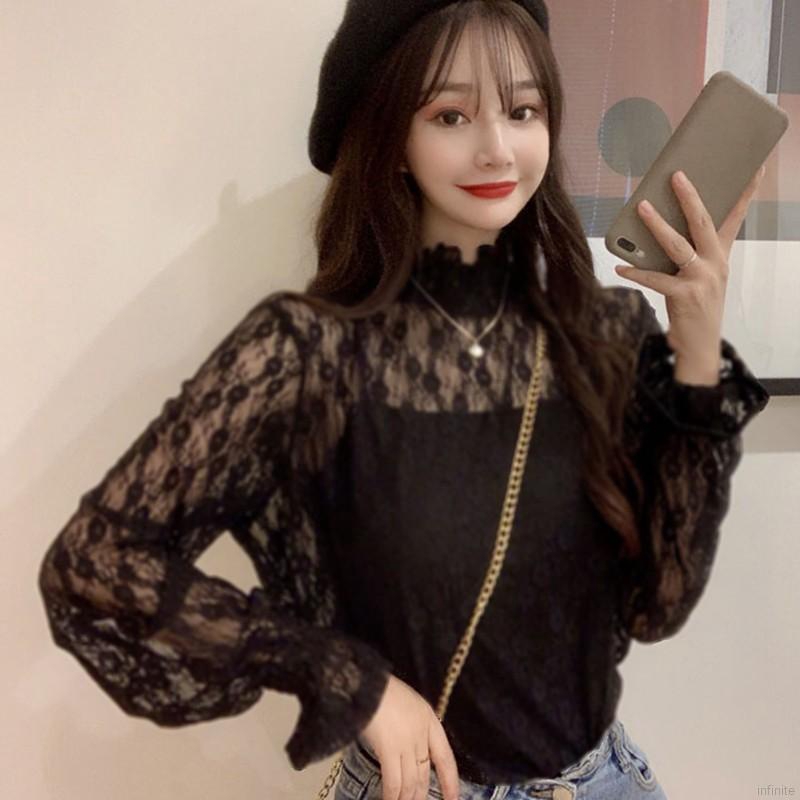 Áo nữ dài tay cổ cao phối ren thiết kế thời trang | BigBuy360 - bigbuy360.vn