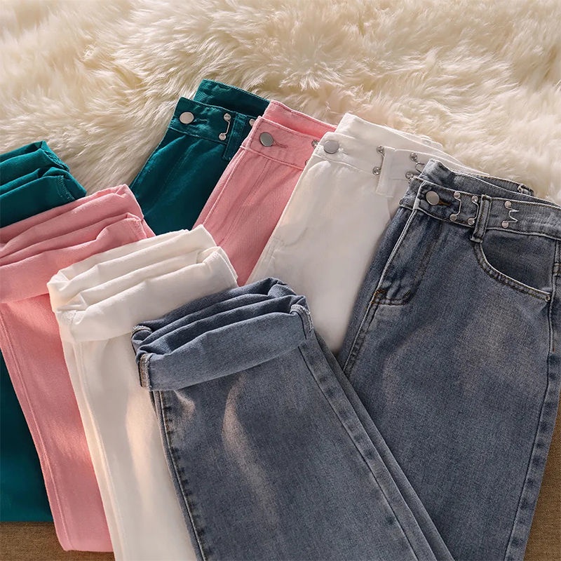 Jiashucheng Quần Jean Ống Rộng Lưng Cao Thời Trang Mùa Hè