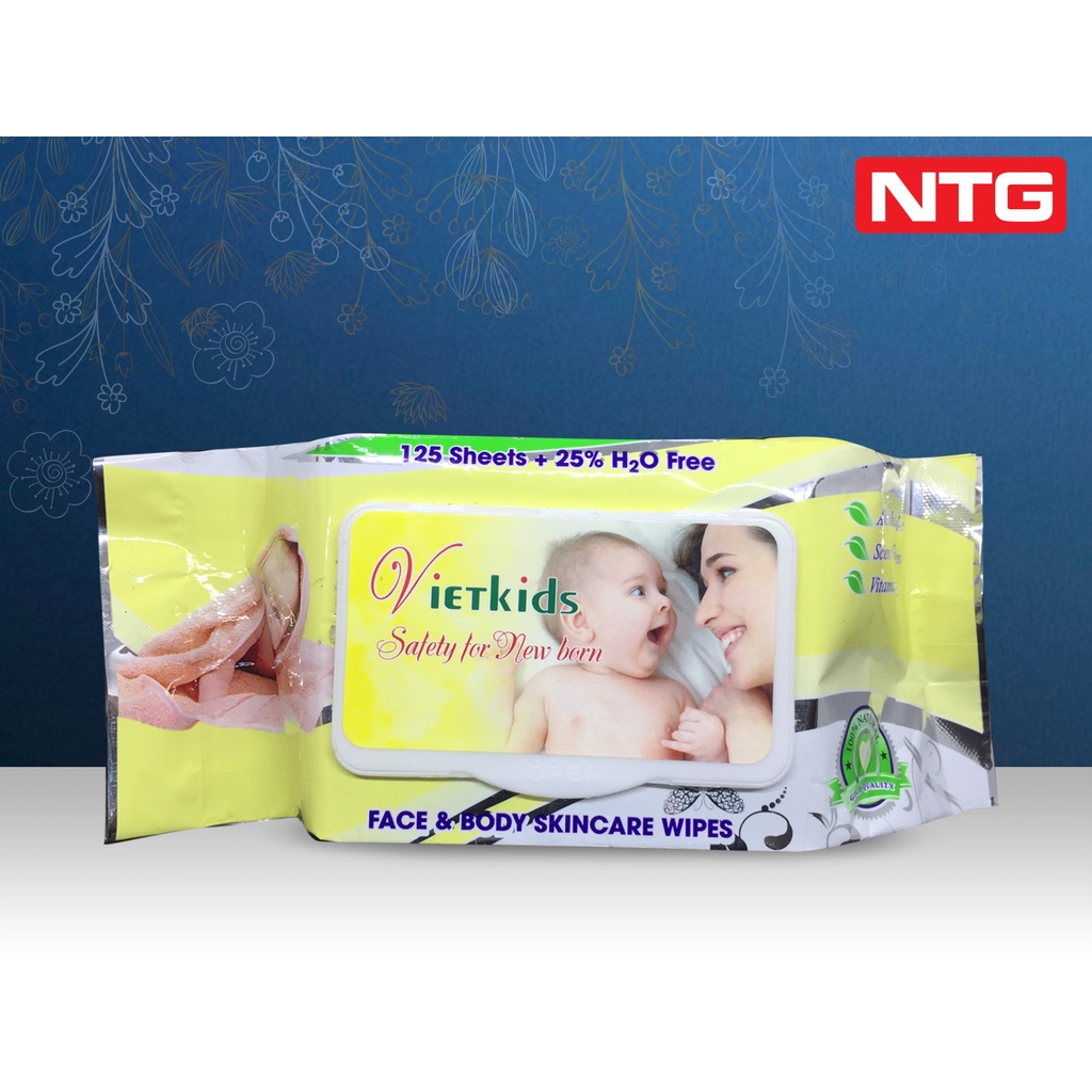 Khăn Ướt Vietkids 125 Tờ, Màu Vàng, Không Mùi, Vải Dầy, Không Xổ Lông. Gói Nặng 0.75Kg