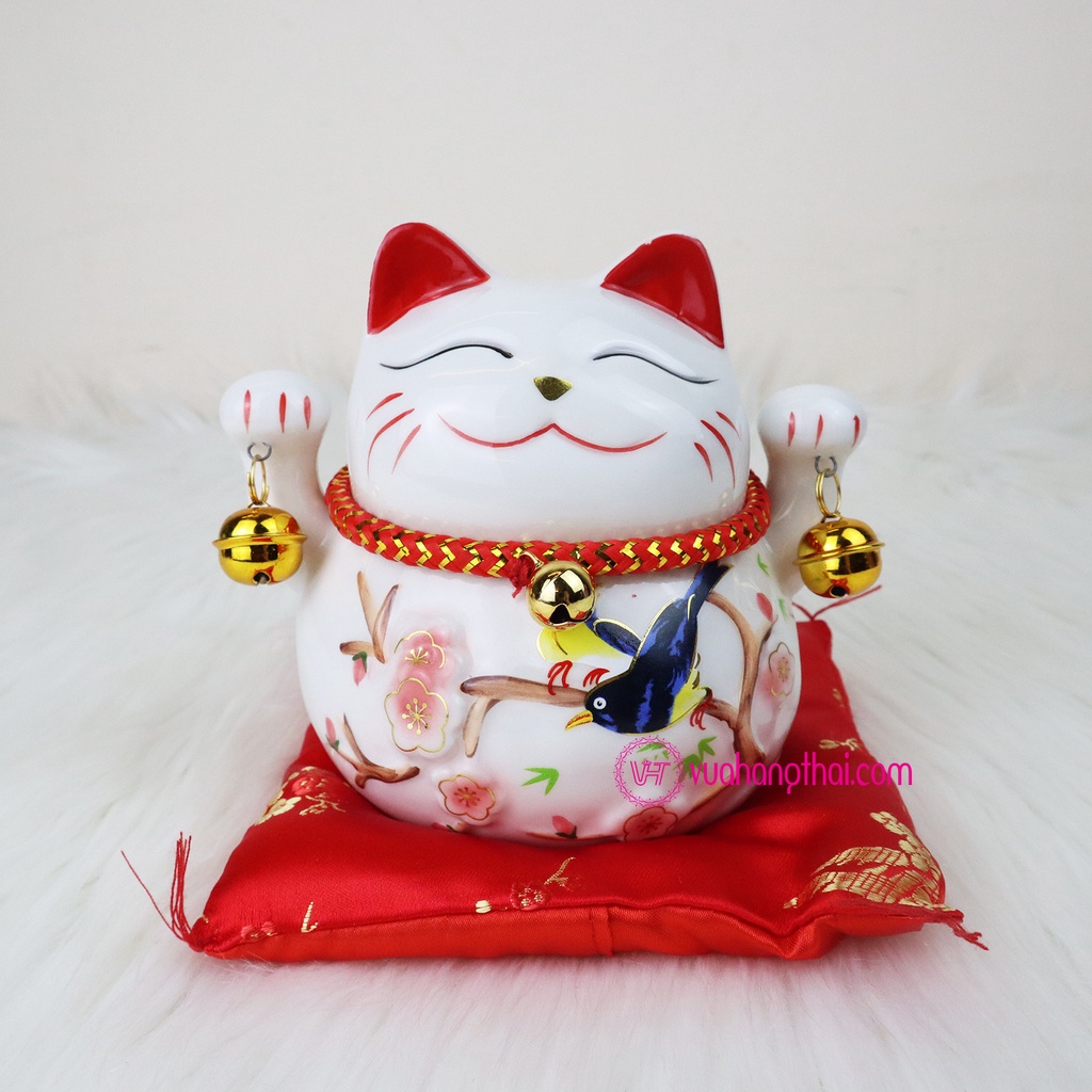Mèo thần tài may mắn Maneki Neko có ống heo - Hoa chuông phúc lộc viên mãn