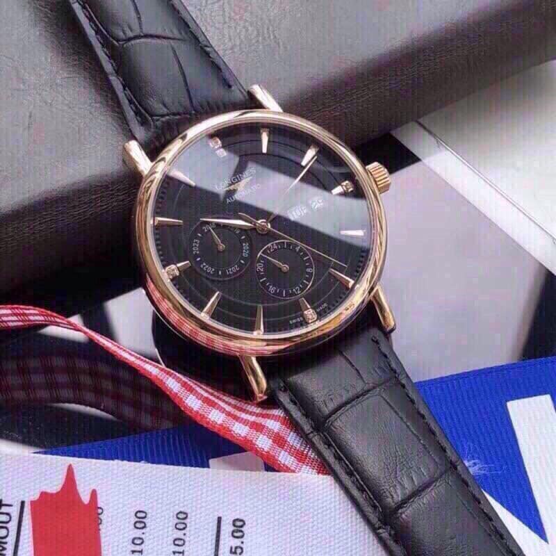Đồng hồ Nam L-ongines cơ automatic không hở mặt size 40-41mm dây da mặt đen vỏ vàng có thứ ngày tháng