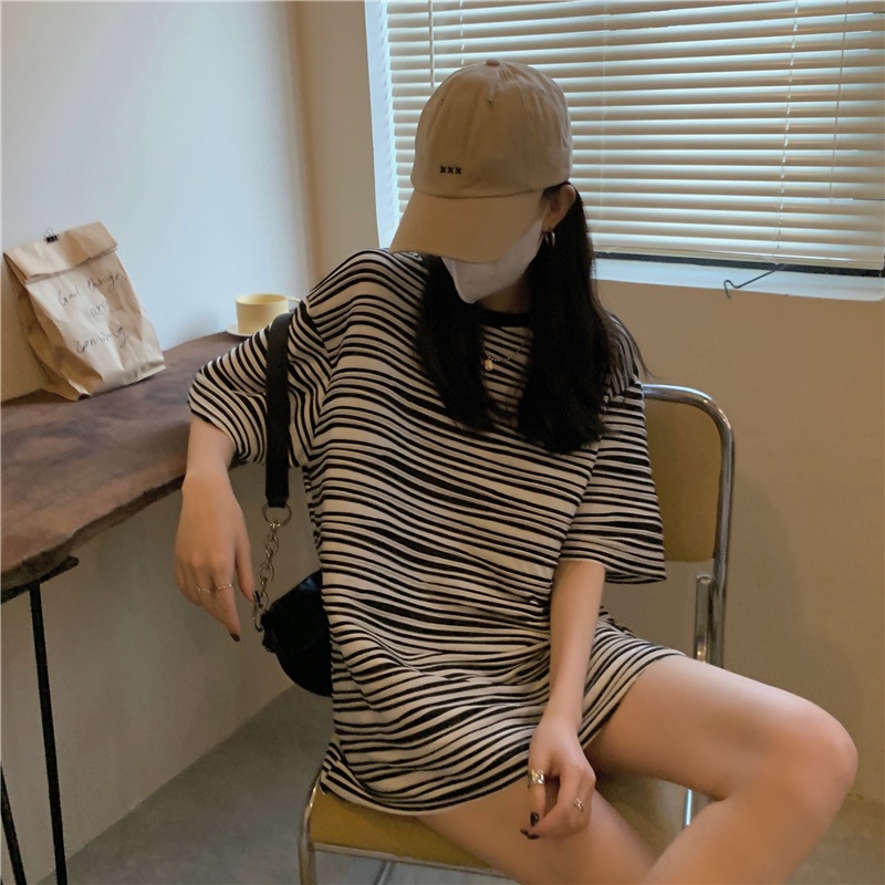 Áo thun SUXI ngắn tay cổ tròn họa tiết kẻ sọc đơn giản phong cách cổ điển dễ phối đồ thời trang mùa hè cho nữ