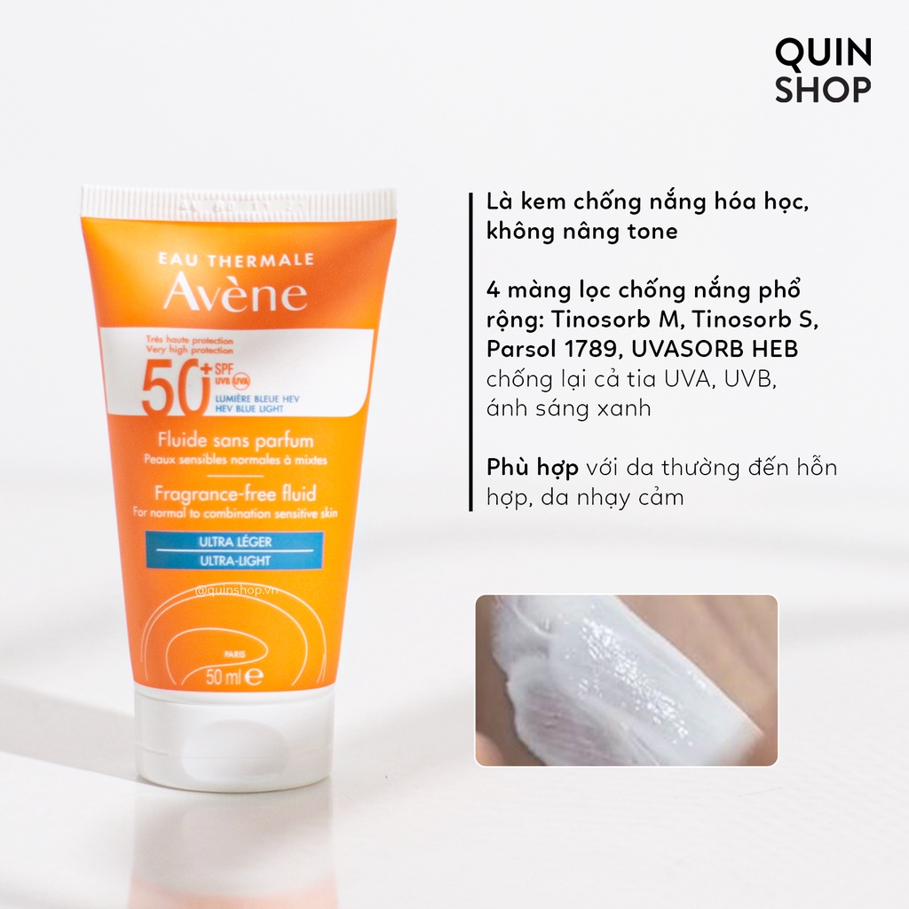 Kem Chống Nắng Phổ Rộng Cho Da Nhạy Cảm, Dầu Mụn Avene Eau Thermale SPF 50+ Sunscreen
