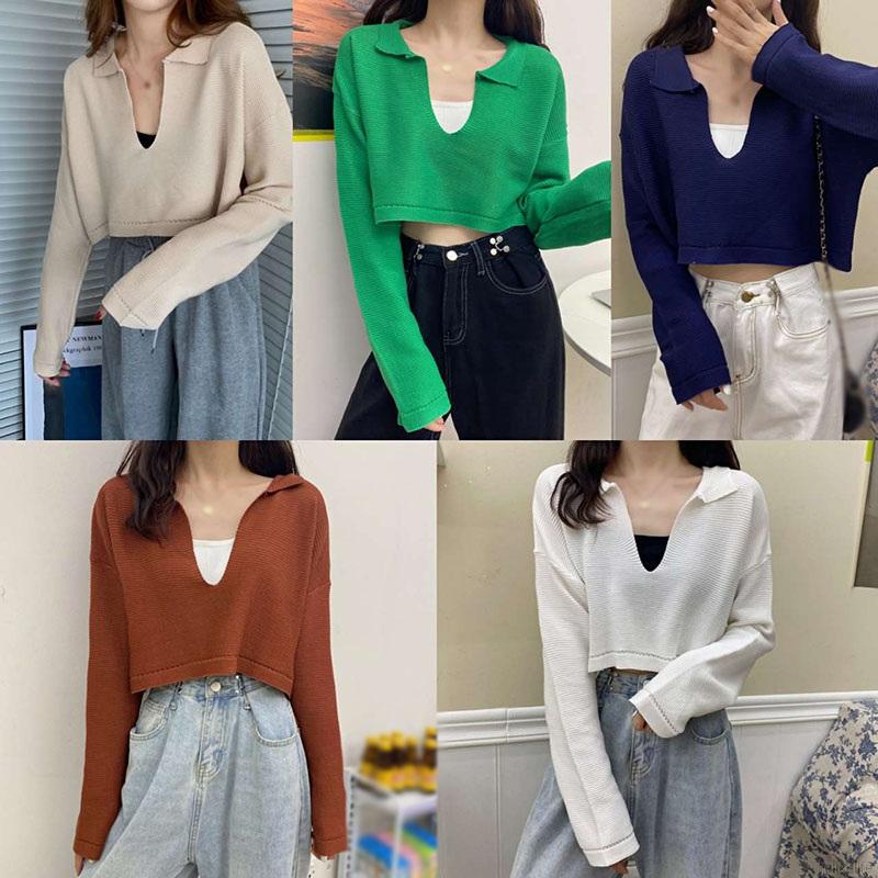 Áo Croptop Dệt Kim Tay Dài Thiết Kế Cổ Chữ V Màu Trơn Thanh Lịch