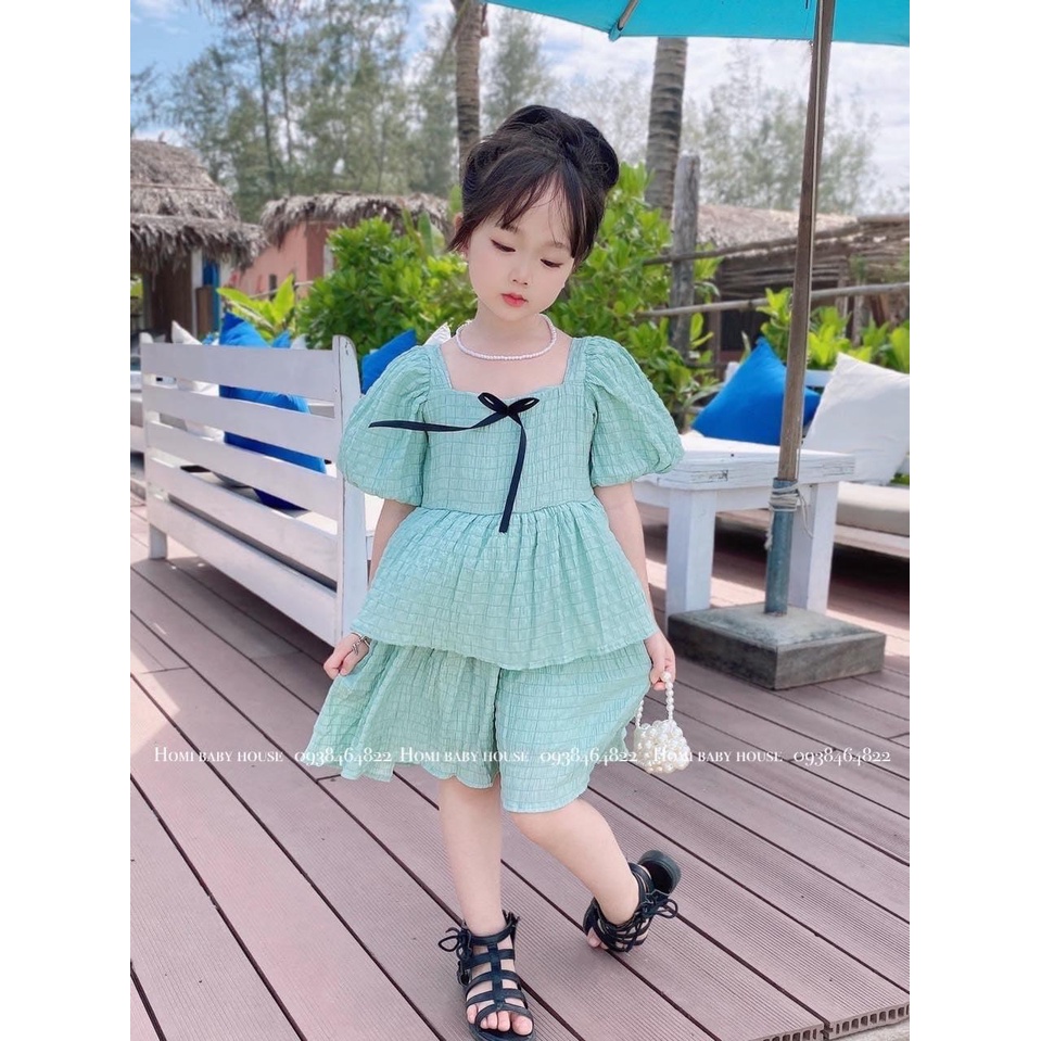 Váy bé gái, váy đũi nhún tầng cổ nơ điệu đà chất liệu xịn sò cho bé