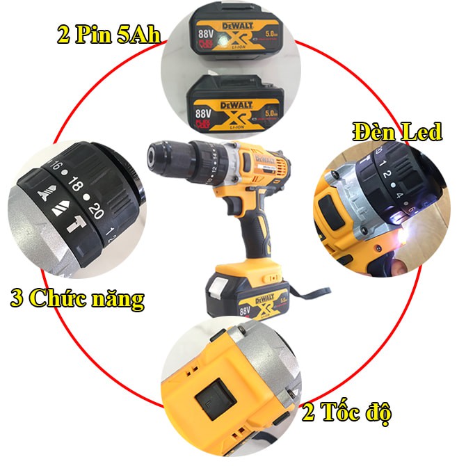 Máy Khoan Pin DEWALT 38V 3 Chức Năng, Có Búa, Lõi Đồng, Pin 10 Cell