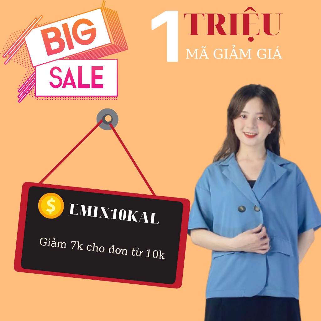 Áo khoác cổ vest EMIX (màu xanh), blazer, không có túi, cộc tay, form rộng, dáng dài, chất trượt hàn mềm mịn