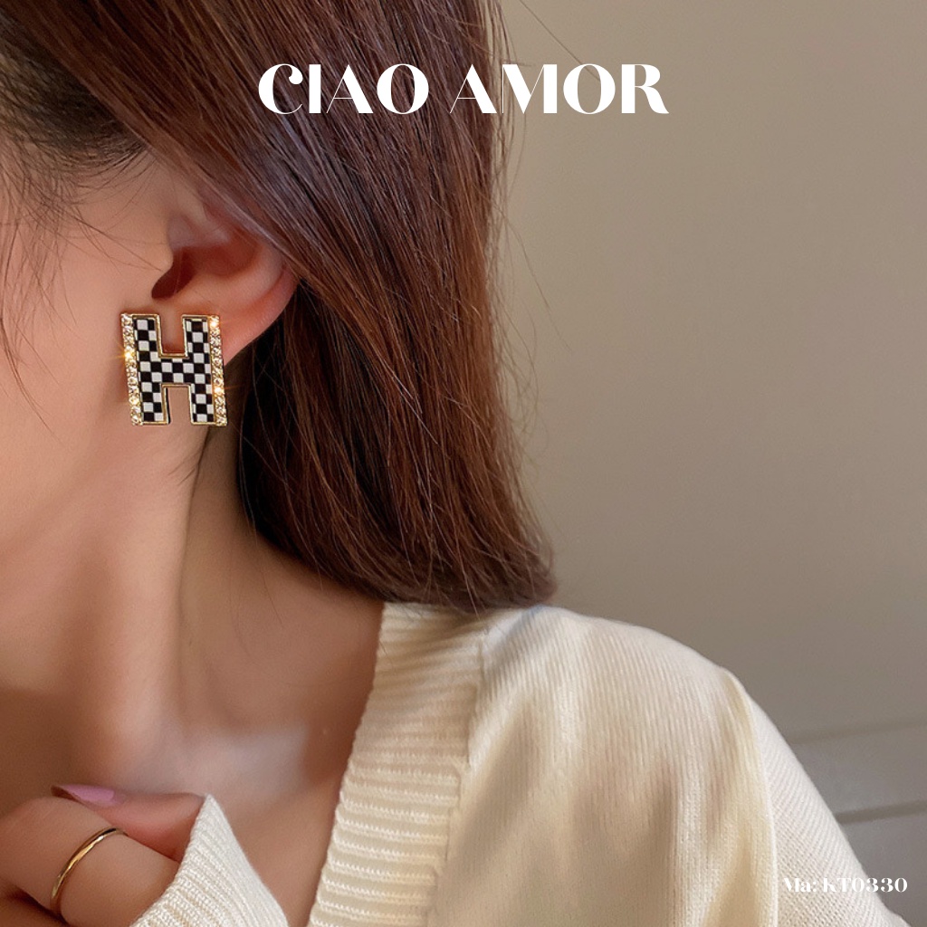 KT0330-Khuyên tai nữ, Bông tai nữ bạc 925 cá tính đơn giản chữ H karo đen trắng Trang sức Ciao Amor