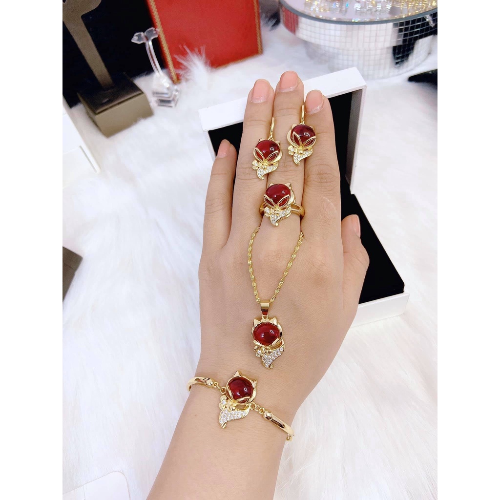 Set dây chuyền và nhẫn hồ ly nữ 4 món màu đá xanh và đá đỏ Namoo Jewelry