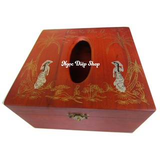 Hộp Khăn Giấy  Gỗ Hương Vuông Trạm Khảm Thiếu Nữ SiZe Lớn