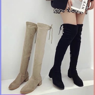 Boots đùi nữ da lộn buộc dây gót vuông cao 4cm có lót lông