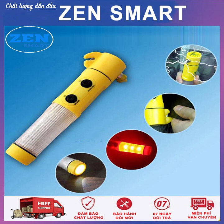 Búa Thoát Hiểm Ô Tô Đa Năng Kiêm Đèn Pin, Đèn Chớp, Dao Cắt Dây An Toàn