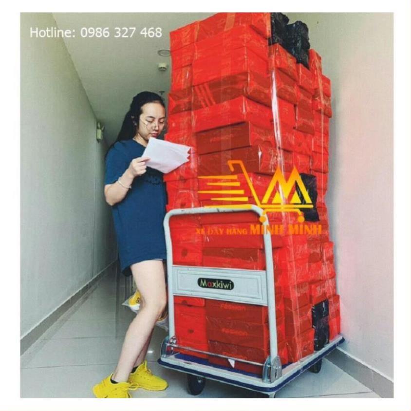 [FreeShip - Clip thật] Xe Đẩy Hàng 300kg, Xe Đẩy Hàng 4 Bánh Maxkiwi- Sàn Thép, Tay Đẩy Gập Gọn