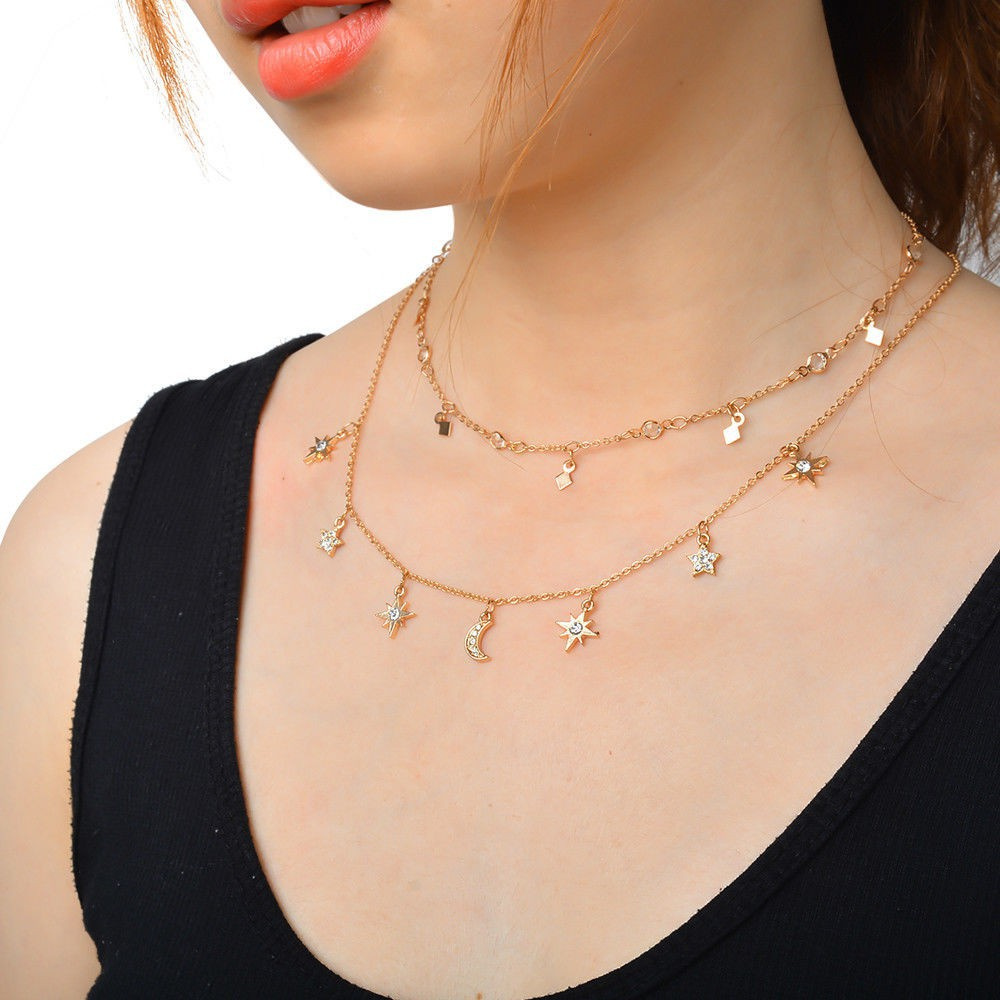 NEW  Multilayer Choker Necklace Star Moon Chain Gold Women Fashion Summer Jewelry