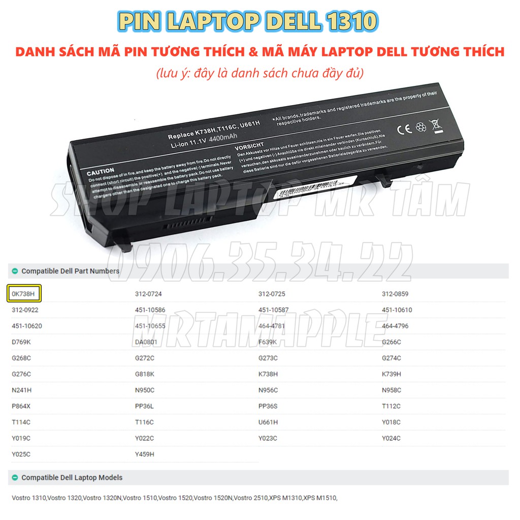 (BATTERY) PIN LAPTOP DELL 1310 - 6 CELL - Vostro 1310 1320 1510 1511 Vostro 1520 1521 2510 PP36L PP36S