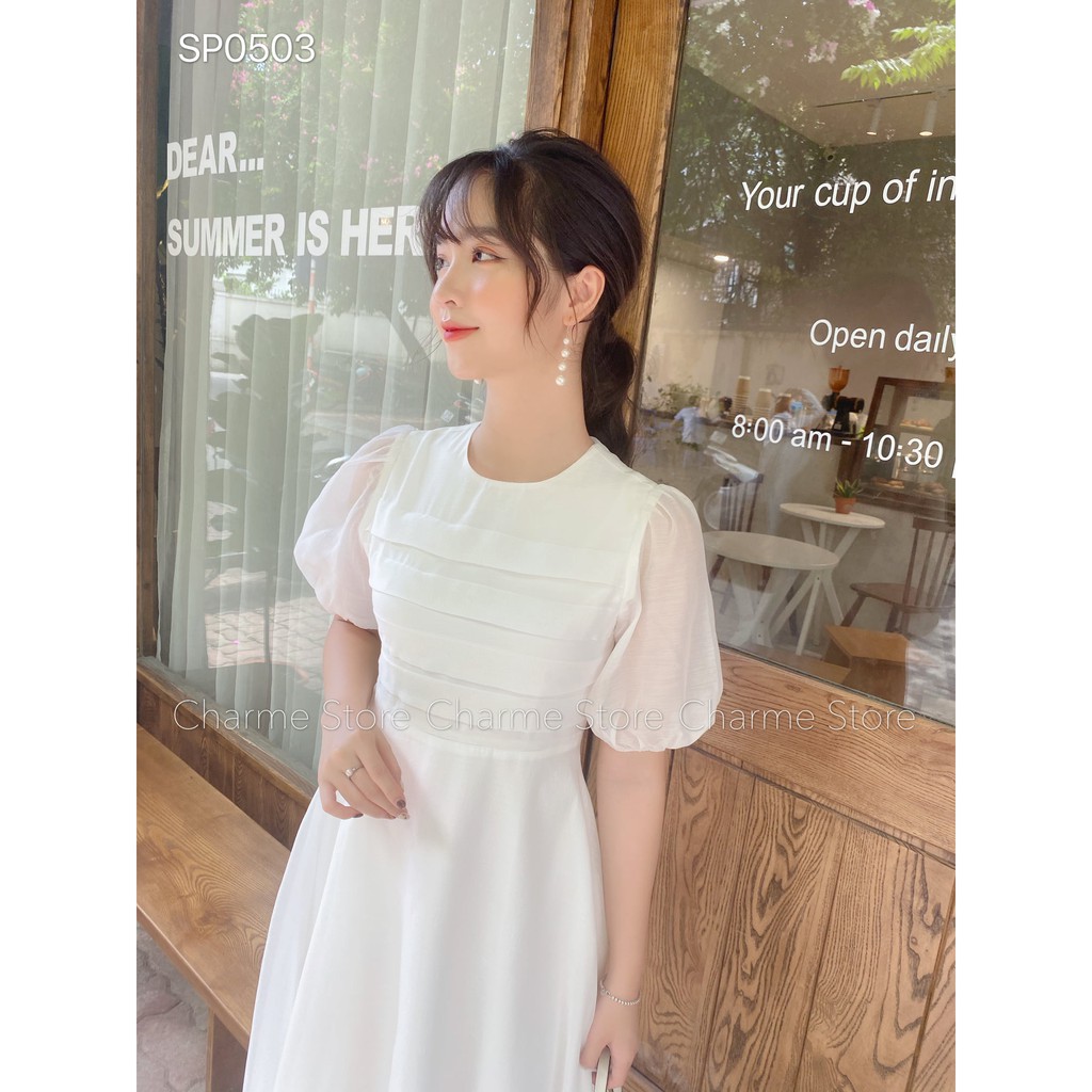 Váy nữ 💖Charme 💖Váy nữ Ruyt dáng xòe ngang gối màu trắng | BigBuy360 - bigbuy360.vn