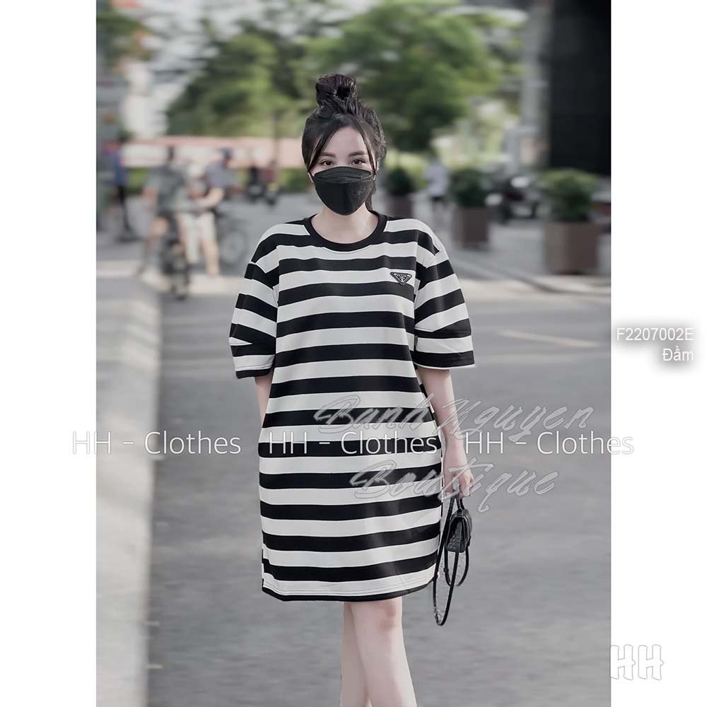 Đầm kẻ sọc đen trắng dáng suông ngực tag tay ngắn!