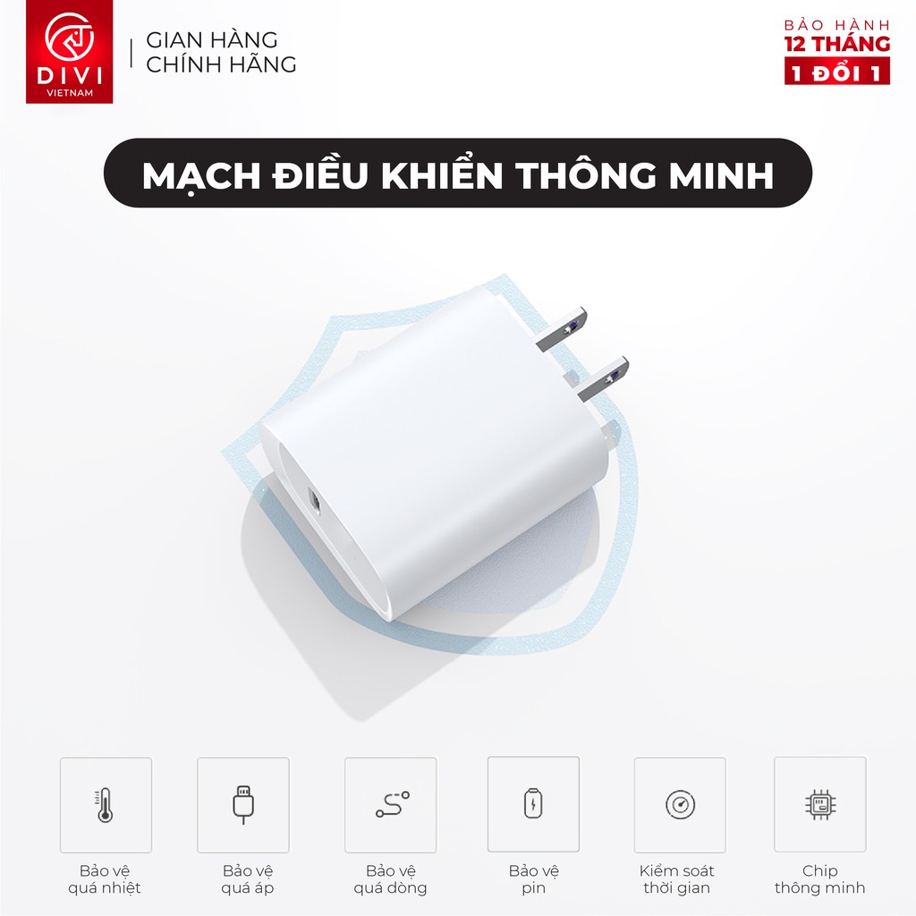 Củ sạc nhanh DIVI ZP2655 - Sạc nhanh PD, QC 3.0 - Cổng USB Type C - Hãng phân phối chính hãng Bảo hành 12 tháng 1 đổi 1