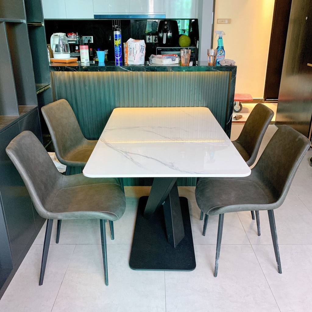 Bộ Bàn Ăn 6 Ghế Mặt Đá Ceramic Bóng Kết Hợp Ghế Nelson