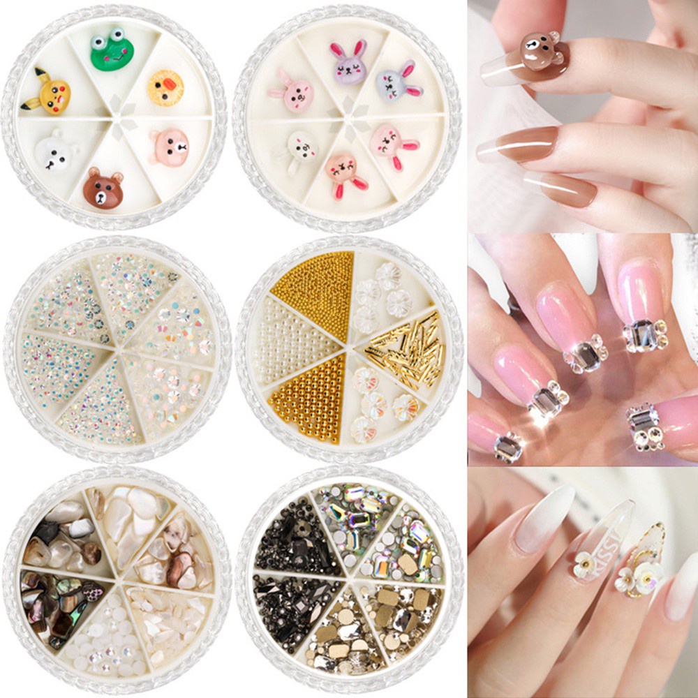 Hộp 6 Hạt Nhân Tạo Họa Tiết Hoạt Hình 3D Trang Trí Móng Tay