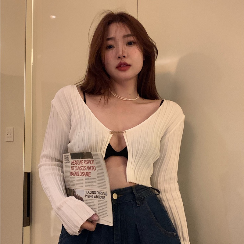 SUXI Áo Croptop Tay Dài Thiết Kế Cổ Chữ V Khoét Sâu Màu Sắc Thanh Lịch Quyến Rũ