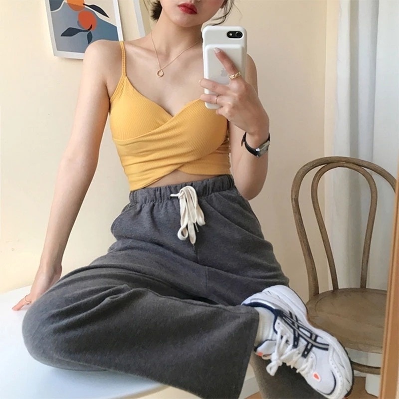 Áo Thun Cotton Ngắn Dây Chéo Màu Sắc Trơn Phong Cách Hàn Quốc Cho Nữ