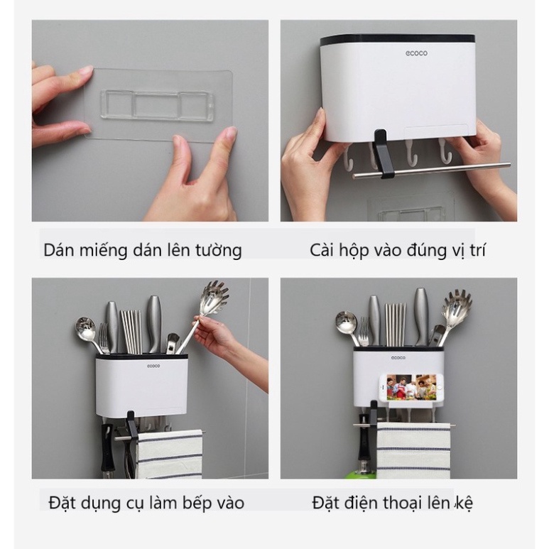 [ Hàng Mới Về ] Kệ Đựng Dao Đũa Đồ Dùng Nhà Bếp Đa Năng Ecoco Bền Đẹp, Có Thanh Ngang Treo Khăn, Ngăn Để Điện Thoại - E1