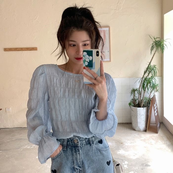 COZOK Set áo sơ mi voan tay dài và áo len không tay phong cách Hàn Quốc