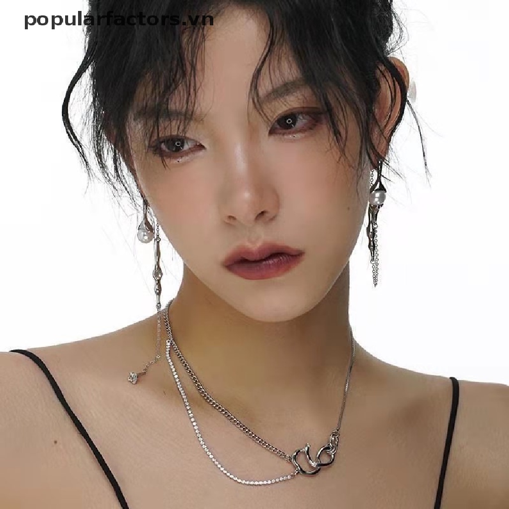 Khuyên tai dáng dài không đối xứng đính hạt ngọc trai nhân tạo thời trang 2022