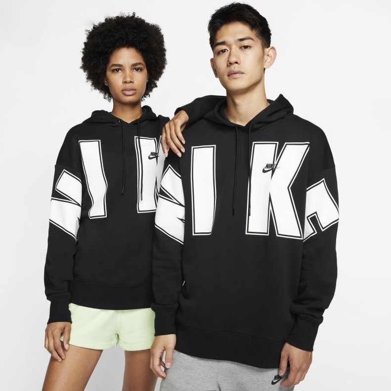 Áo Khoác Nỉ Hoodie Nam Nữ Form Unisex Chính Hãng NIKE FLEECE PULLOVER - Màu Đen Chữ Trắng