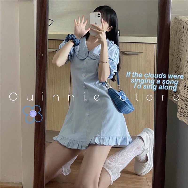 Váy sơmi cổ bèo tay phồng màu xanh dương, đầm khoá kéo | BigBuy360 - bigbuy360.vn