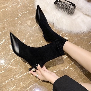 Giầy boots da phối vải cao cổ sang chảnh - boots gót cao 4p, 7p phong cách ulzzang