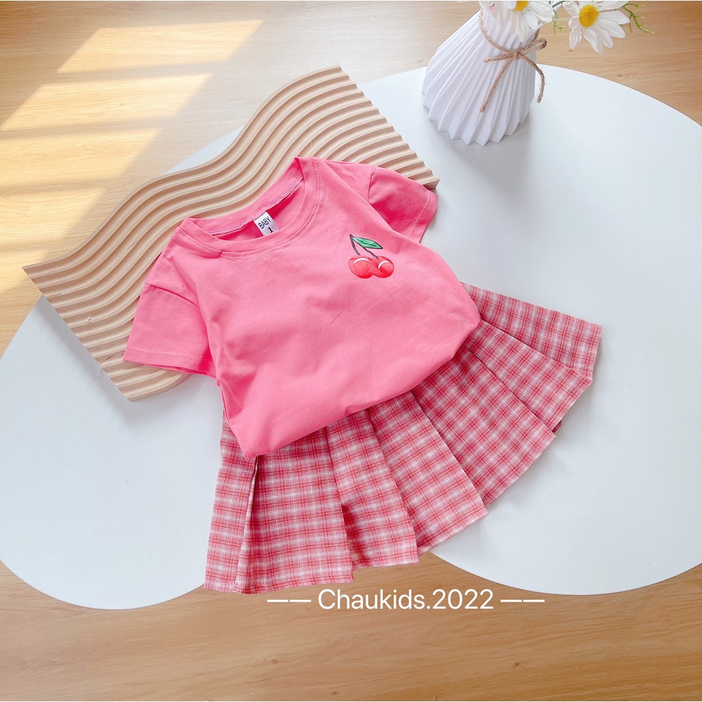 (8-22kg) Sét Váy Cherry Cho Bé Gái Màu Hồng Đáng Yêu