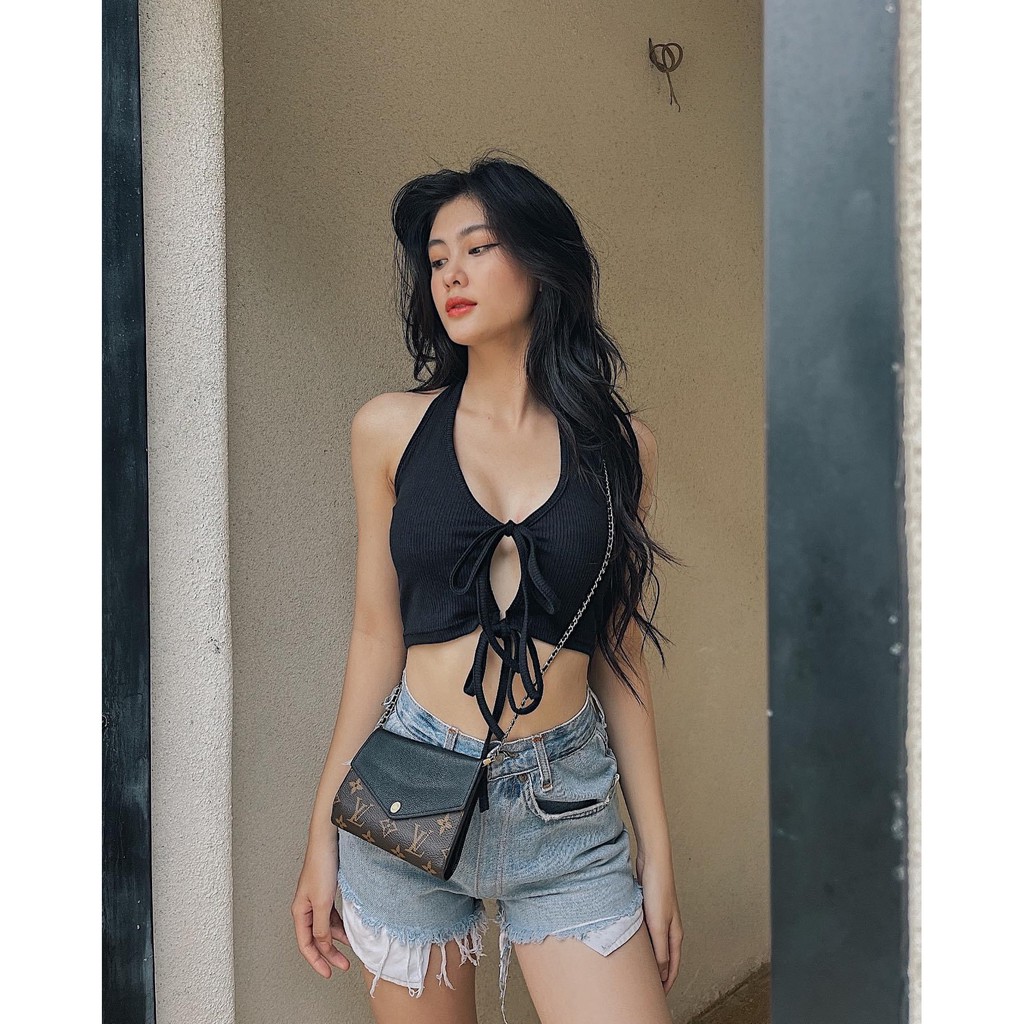 Áo croptop nữ yếm cột dây trơn chất liệu thun gân co giãn I HHVINTAGE