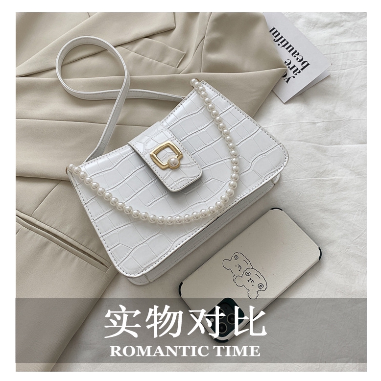 Túi Đeo Một Bên JASMIN NOIR Dáng Vuông Nhỏ Vân Da Cá Sấu Đính Ngọc Trai Sang Trọng Cho Nữ