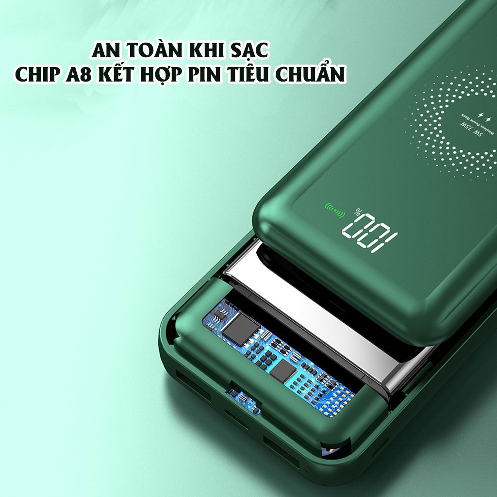 Pin sạc dự phòng Tích hợp sạc không dây HXSJ 10000mAh, Hỗ trợ sạc nhanh cổng usb 2.1A Kèm sẵn 4 đầu sạc tiện lợi