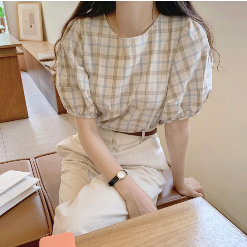 IELGY Áo Sơ Mi Tay Phồng Cổ Tròn Họa Tiết Kẻ Sọc Đơn Giản Ngọt Ngào Cho Nữ