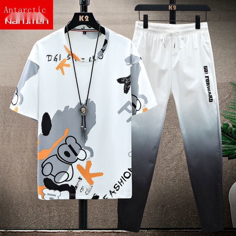 Set Áo Thun Ngắn Tay Cổ Tròn + Quần Dài Ống Bó Thời Trang Cho Nam