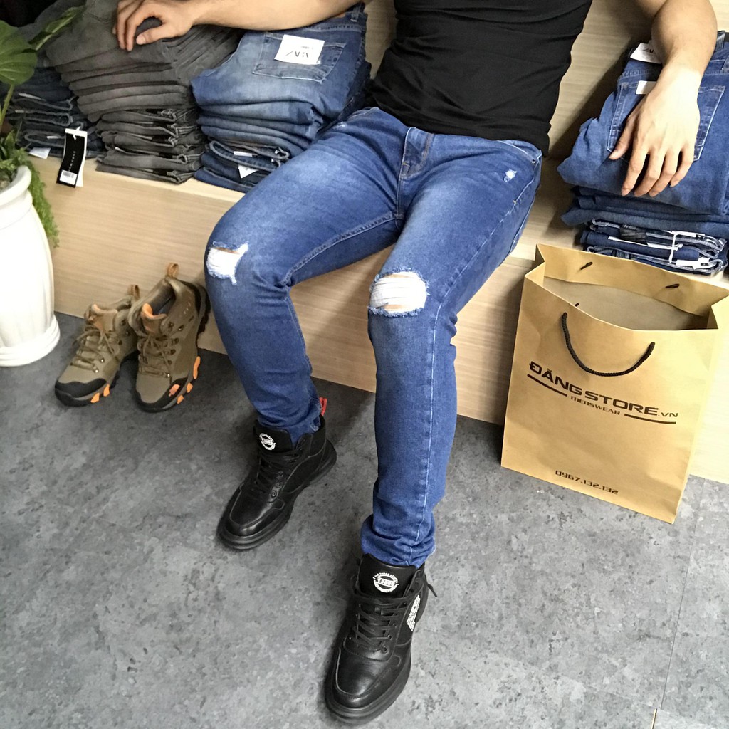Quần bò Slimfit Blue - Xanh cho nam kết hợp rách gối