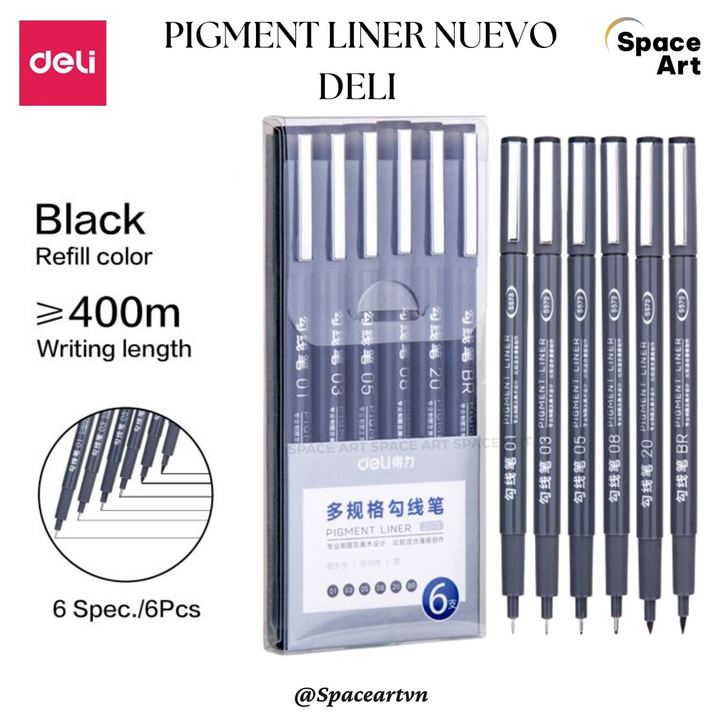 Bút đi nét Arte Nuevo Pigment Liner Deli Bộ 6 Ngòi S573